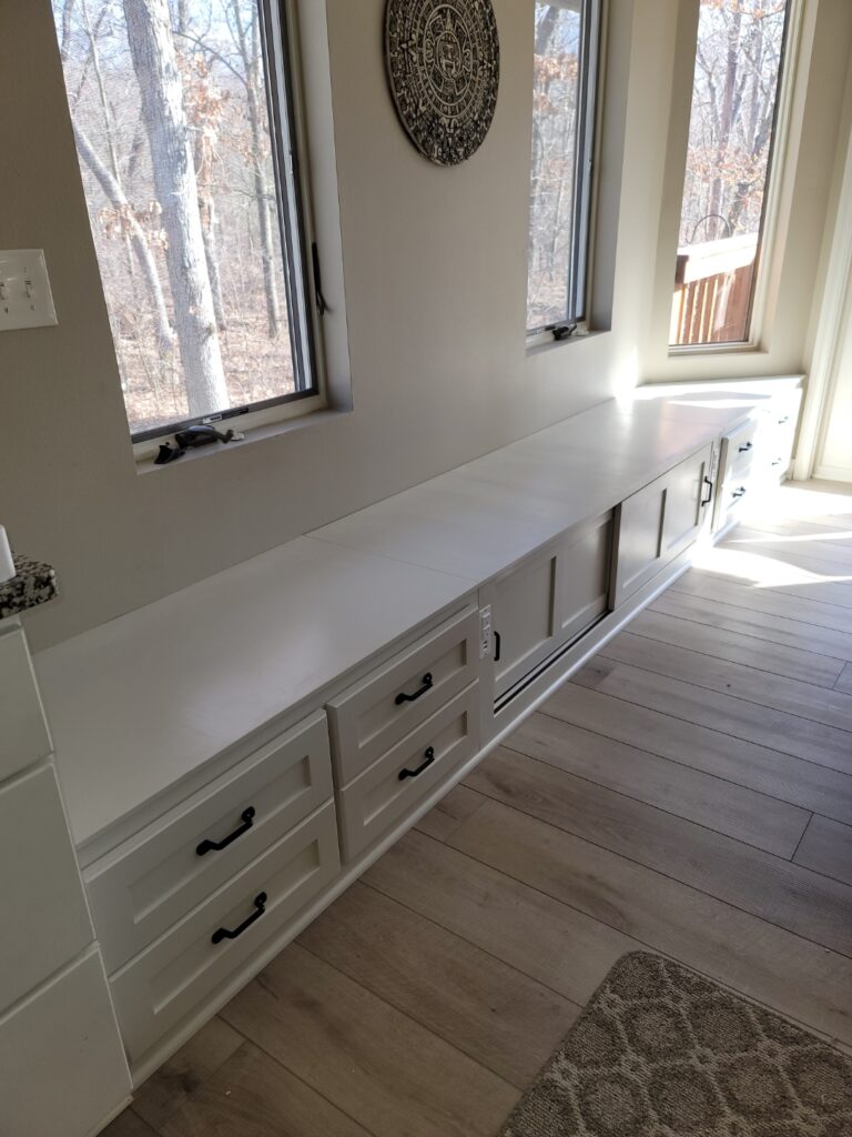 Custom made built-in bench and cabinetry